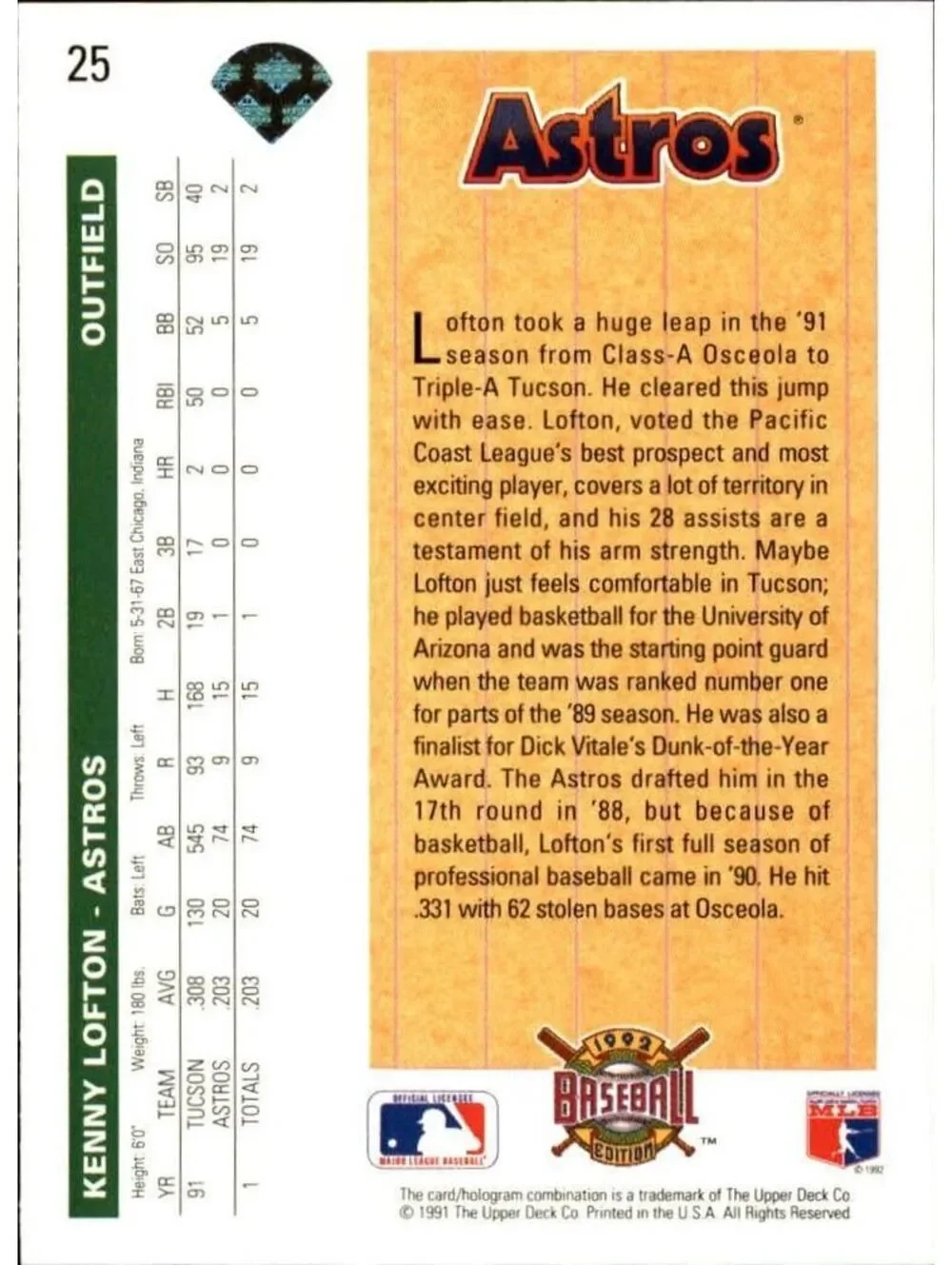 1992 Upper Deck MLB #25 Baseball Card Houston Astros